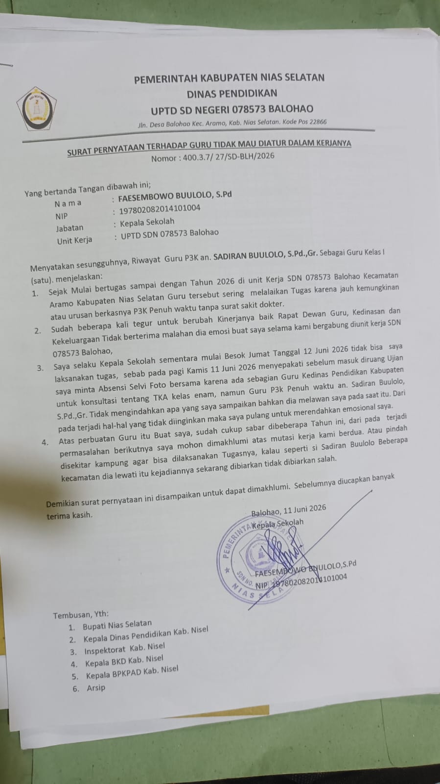 Pernyataan Kepala SDN 078573 Balohao Soal Pembagian Rapor Tuai Perhatian Publik