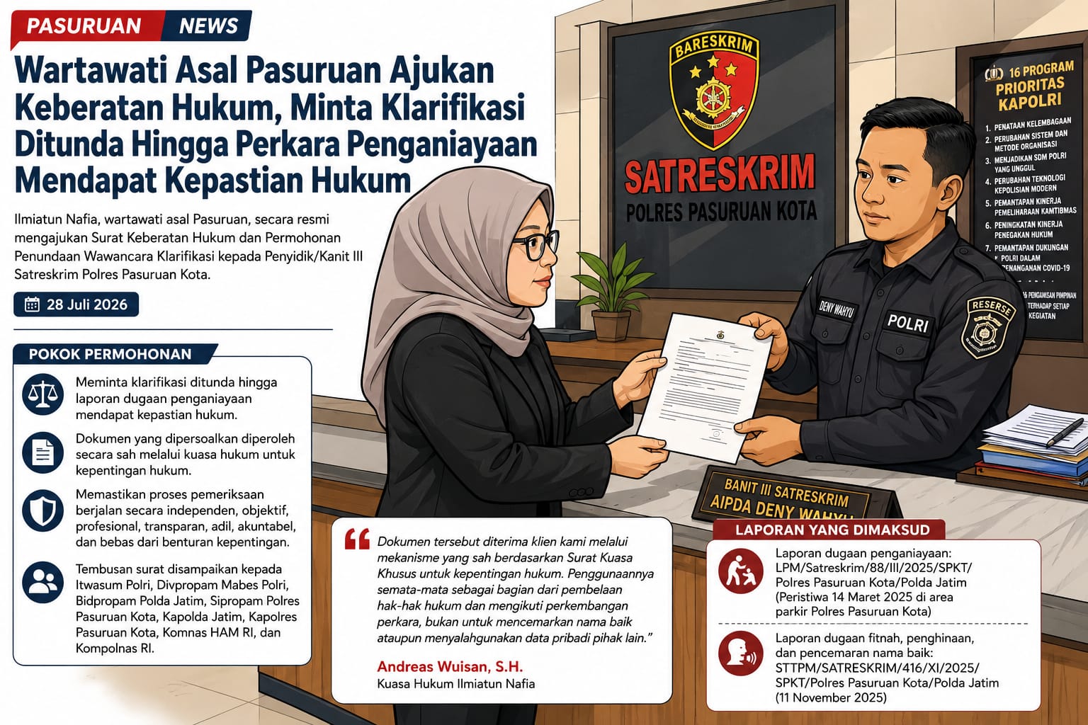 Wartawati Asal Pasuruan  Ajukan Keberatan Hukum, Minta  Klarifikasi Ditunda Hingga  Perkara Penganiayaan Mendapat  Kepastian Hukum
