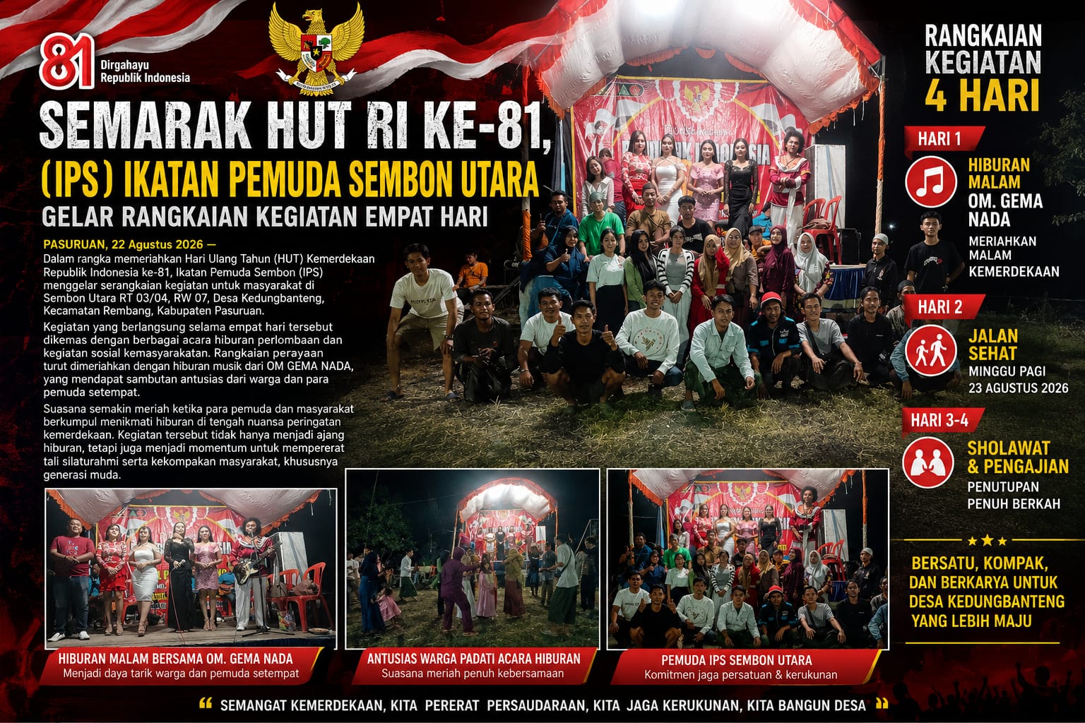 Semarak HUT RI ke-81, (IPS) Ikatan Pemuda Sembon Utara Gelar Rangkaian Kegiatan Empat Hari
