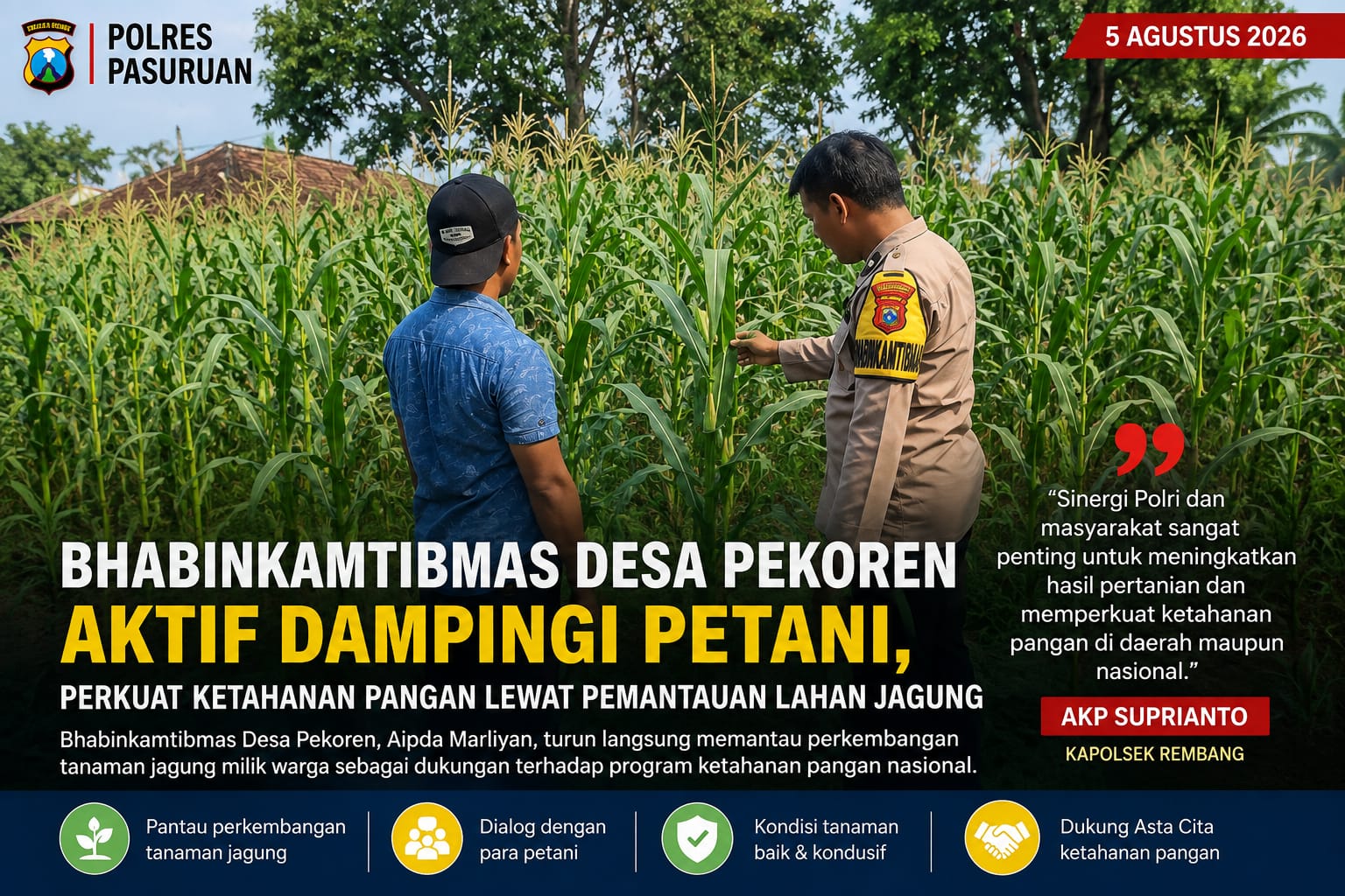 Bhabinkamtibmas Desa Pekoren Aktif Dampingi Petani, Perkuat Ketahanan Pangan Lewat Pemantauan Lahan Jagung