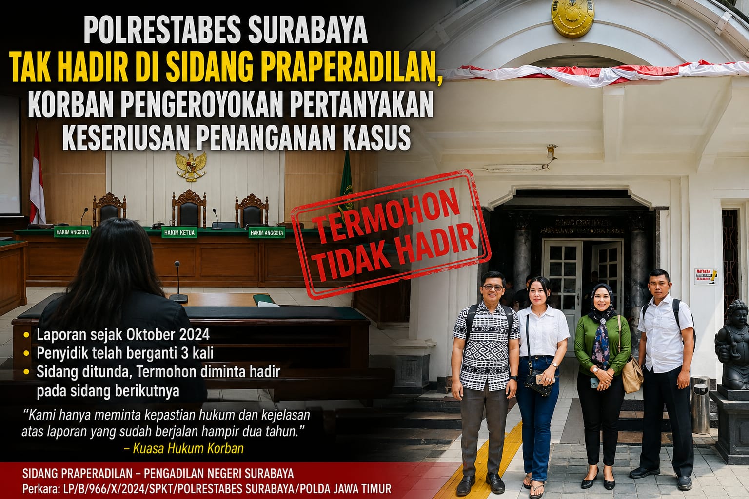 Polrestabes Surabaya Tak Hadir di Sidang Praperadilan, Korban Pengeroyokan Pertanyakan Keseriusan Penanganan Kasus