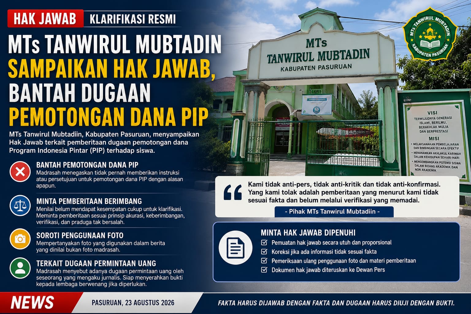 MTs Tanwirul Mubtadiin Sampaikan Hak Jawab, Bantah  Dugaan Pemotongan Dana PIP